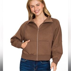 Zenana Soft Scuba Full Zip Jacket Brown ~ S, M, L